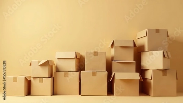 Fototapeta A collection of neatly stacked cardboard boxes against a muted yellow backdrop, ready for shipping and delivery
