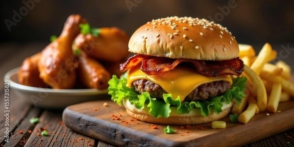 Fototapeta Juicy Bacon Cheeseburger with Crispy Fried Chicken and French Fries on Rustic Wooden Board