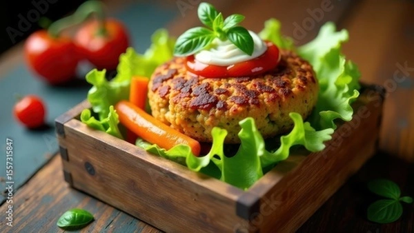 Fototapeta A delectable grilled patty nestled in a wooden box, adorned with fresh lettuce, vibrant carrots, and a creamy topping, complemented by ripe tomatoes and basil leaves
