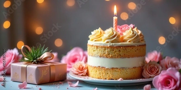 Fototapeta A delightful two-layered vanilla cake with buttercream frosting, adorned with pink roses and a single lit candle, sits beside a delicately wrapped gift, all bathed in soft, warm lighting.