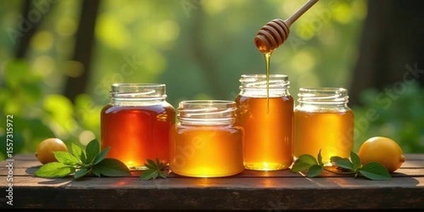 Fototapeta Golden Honey Jars on Rustic Wood Table with Fresh Lemons and Lush Greenery in Sunny Outdoor Setting