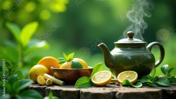 Fototapeta Aromatic herbal tea steaming in a teapot, surrounded by fresh citrus fruits and vibrant green leaves on a rustic wooden surface, bathed in sunlight