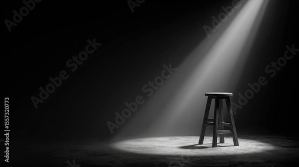 Fototapeta Spotlight beaming onto a lone stool in center stage, dark surroundings for dramatic effect