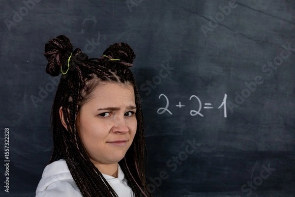 Obraz A confused student stands before an incorrect math equation on the chalkboard, puzzled