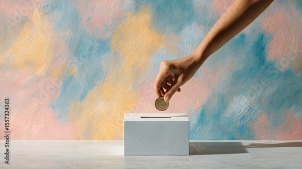 Obraz Hand Dropping Coin into White Donation Box Against Colorful Background