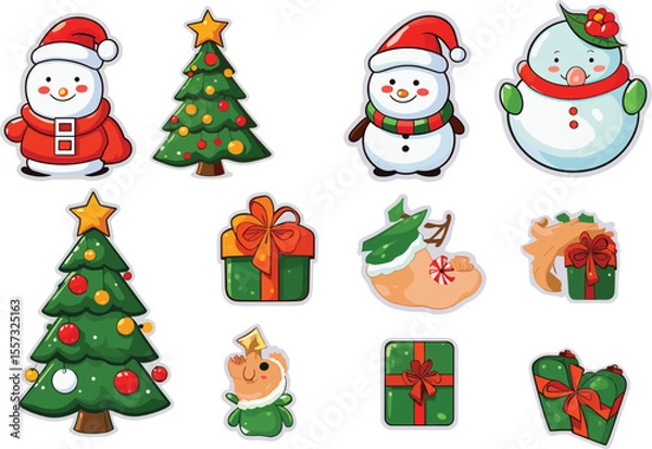 Fototapeta Snowman and Gift Box Cartoon Set

