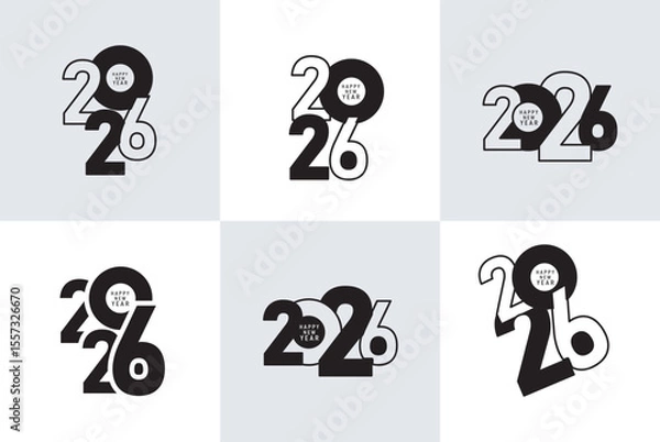 Fototapeta  Stylish vector logo set featuring bold “2026” typography in black and white. Perfect for New Year celebration graphics, greeting cards, banners, event branding, and modern festive designs.