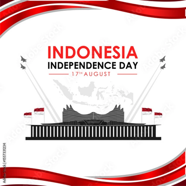 Fototapeta Banner or poster design for the 80th Indonesian Independence Day in 2025 with the silhouette of the Nusantara Building at the IKN, a map of the Indonesian archipelago and a fighter jet.