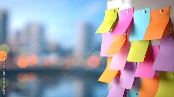 Obraz Colorful Sticky Notes on Wall with Urban Background and Bokeh Effect