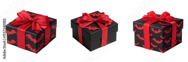 Fototapeta Set of Halloween Themed Gift Boxes with Bows and Bat Designs Isolated on a Transparent Background