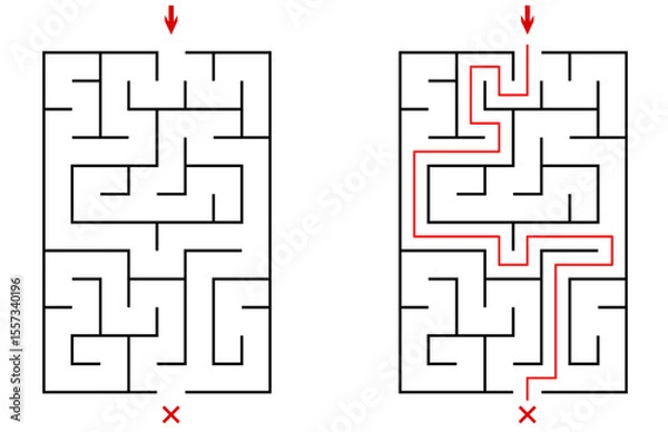 Fototapeta Vector vertical rectangular labyrinth with entry and exit. Difficulty level - easy. Children logic game. Not hard riddle solated on white background for kids and parents with solution