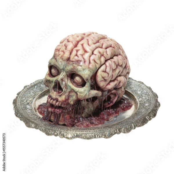 Fototapeta Creepy Skull with Exposed Brain on Ornate Silver Plate Display Isolated on a Transparent Background