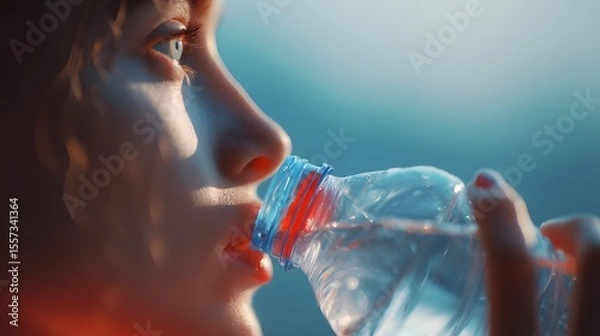Obraz Close-Up of Woman Drinking Water from Bottle in Soft Light