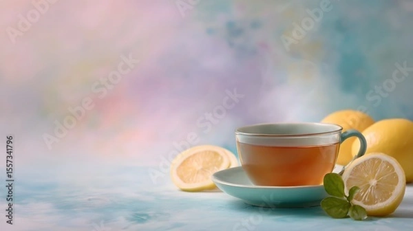 Obraz Refreshing Lemon Tea with Lemon Slices and Mint on Stylish Background
