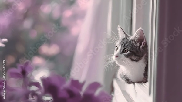Obraz Charming Gray and White Kitten Gazing Out of Window with Flowers