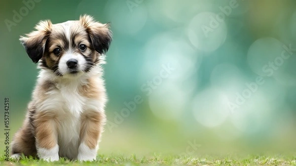 Obraz Adorable puppy sitting on grass with soft blur background