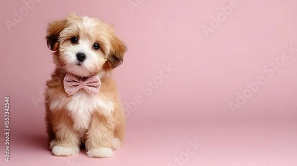 Obraz Adorable puppy with bow tie on a pastel pink background
