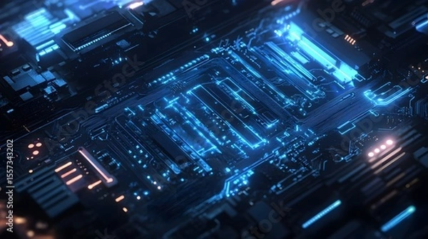 Obraz Futuristic Technology Circuit Board with Blue Light Effects