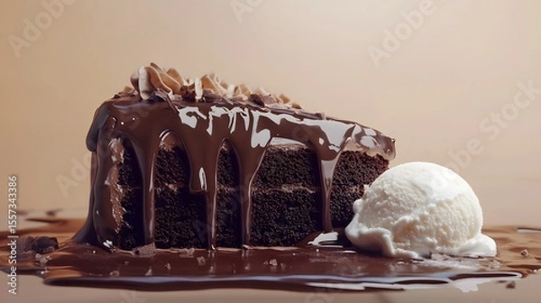 Obraz Decadent Chocolate Cake Slice with Melted Topping and Ice Cream