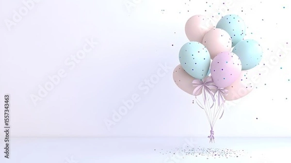 Obraz Colorful Pastel Balloons with Confetti on White Background