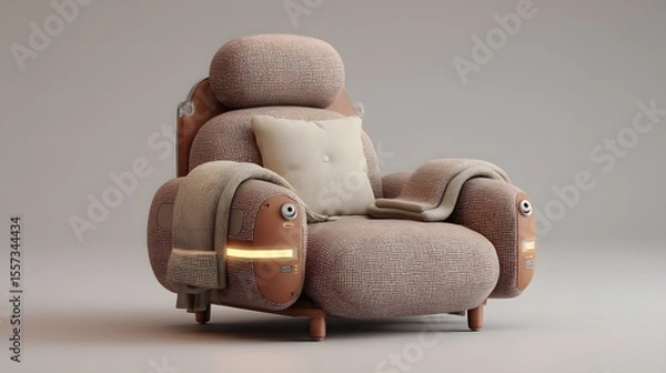 Obraz Modern Comfortable Armchair with Pillow and Cozy Blanket