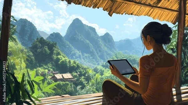 Obraz Young Woman Enjoys Scenic Mountain View While Using Tablet Outdoors