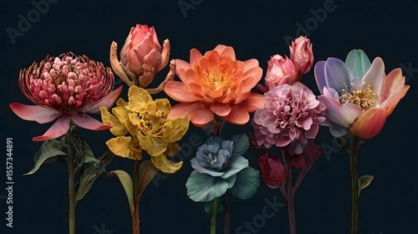 Obraz Vibrant Collection of Artistic Flowers in Full Bloom on Dark Background