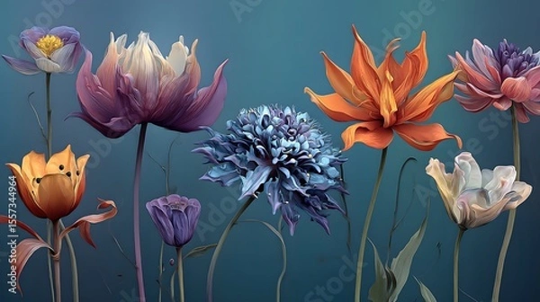 Obraz Colorful Array of Unique Flowers Against a Soft Blue Background