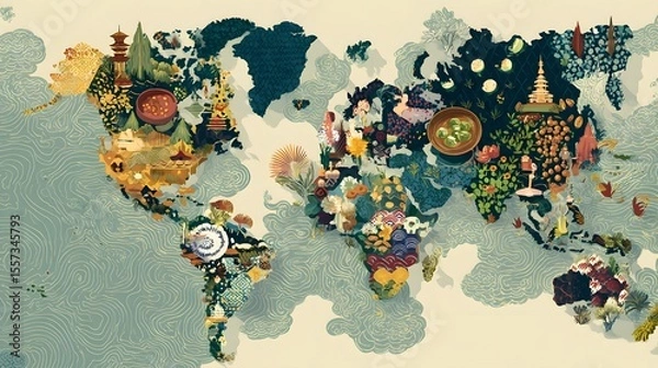 Obraz Colorful Illustrated World Map Featuring Global Culinary Cultures
