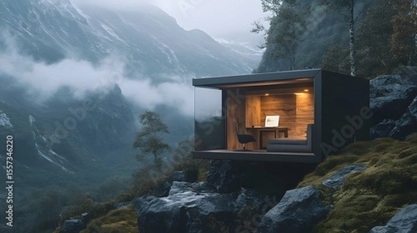 Obraz Modern cabin in mountains with stunning view and cozy interior design