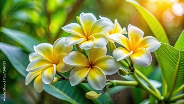 Fototapeta Close-up of yellow flowers in a lush green stem with delicate white petals and a sweet fragrance