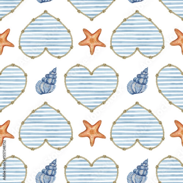 Fototapeta Seamless marine pattern with shells, starfish and striped hearts. It is painted in watercolor in blue and red tones. For baby fabric, packaging, and covers.