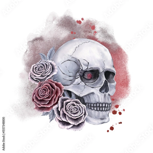 Fototapeta A composition with a human skull, roses and a spider on the background of a watercolor stain. Watercolor illustration in gray, red and black tones. For printing, posters, postcards.