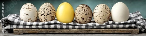 Fototapeta A collection of speckled eggs and a bright yellow egg resting on a patterned cloth