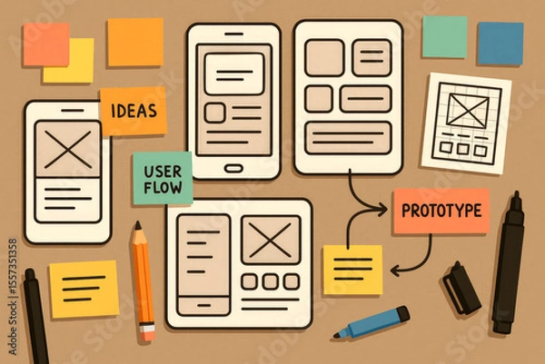 Obraz Mobile app wireframes and sticky notes for design sprint mobile app design user flow