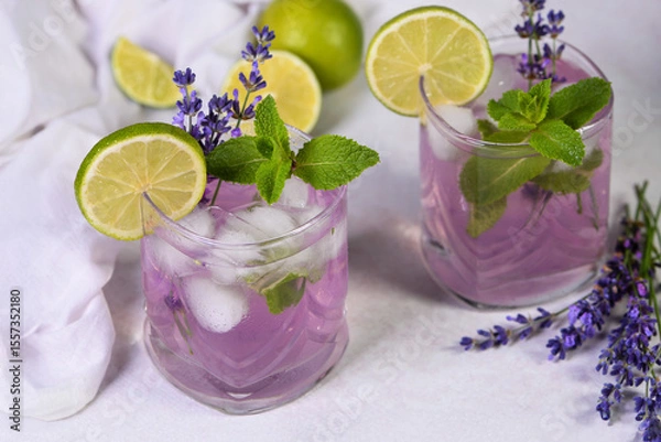 Fototapeta Mojito cocktail with lavender and mint aroma. Summer refreshing drink