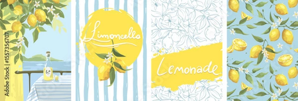 Fototapeta Summer trip to Italy. Lemonade and limoncello. Summer and Mediterranean themed design set. Hand drawn vector illustration in watercolor style.