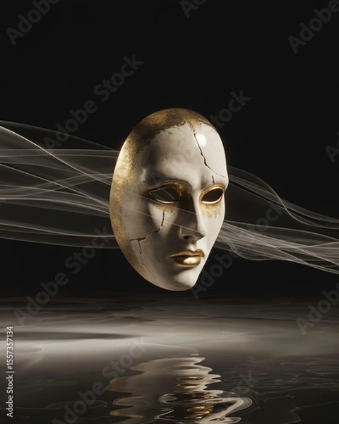 Fototapeta Elegant silver mask floating with ethereal light, reflecting on dark water surface.