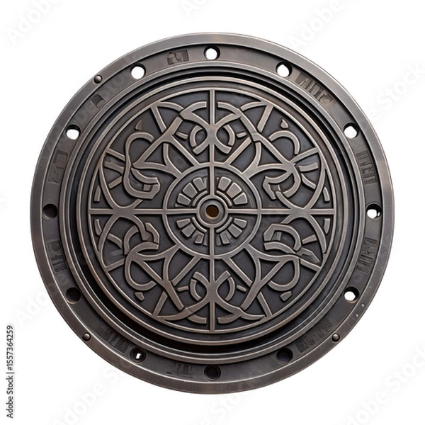 Fototapeta Ornate circular manhole cover with intricate pattern design  