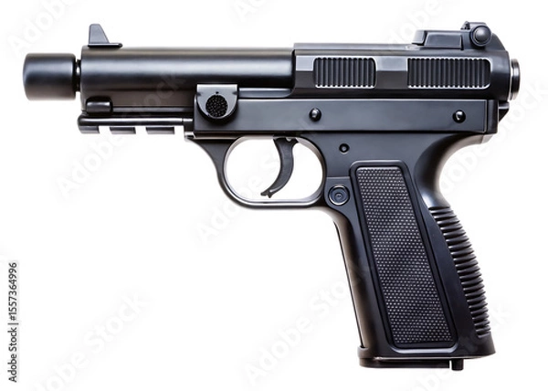 Fototapeta Black futuristic sci-fi blaster pistol with textured grip and vented slide isolated on a transparent background