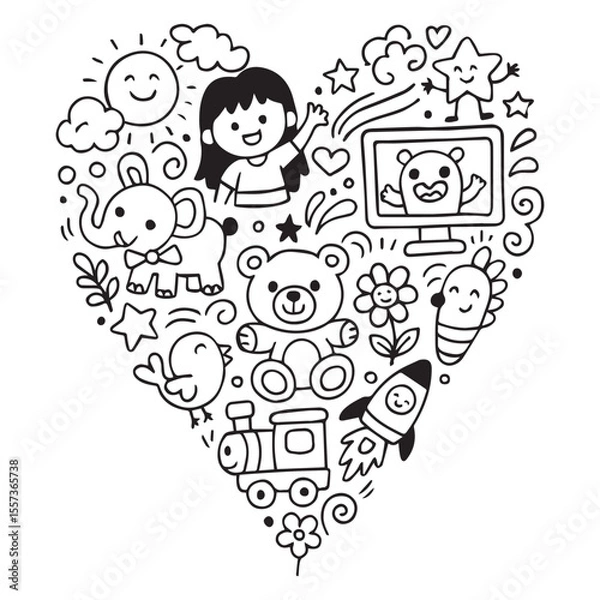 Fototapeta Cute scribble icons of children are arranged. Illustration of a funny childish simple vector hand-drawn. Flowers, hearts, elephants, children's stars, which form a heart