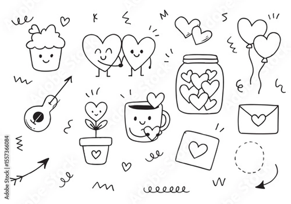 Fototapeta Set of hand drawn doodle love elements for wedding, Valentine's Day card, sticker, stamp design. Hand drawn sketch style wiyt thin line.