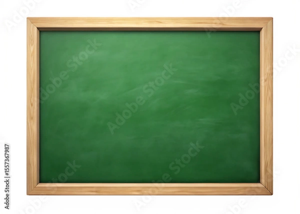 Fototapeta Blank green school chalkboard with wooden frame and subtle chalk dust isolated on a transparent background