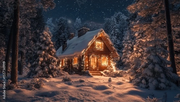 Fototapeta Snowy cabin bathed in warm light, nestled in a wintry forest under a starry night
