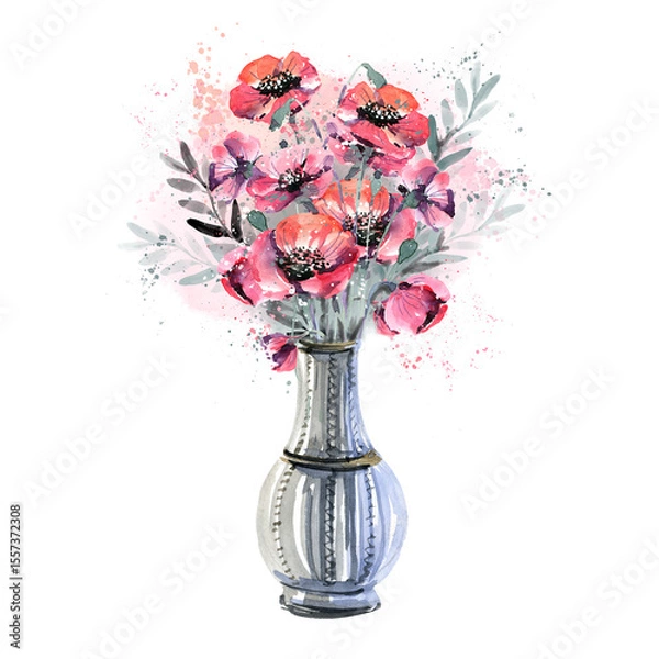 Fototapeta Bouquet of poppies, painted in watercolor in a vase on a white background. Bouquet of flowers, red poppies in a vase, hand-drawn illustration