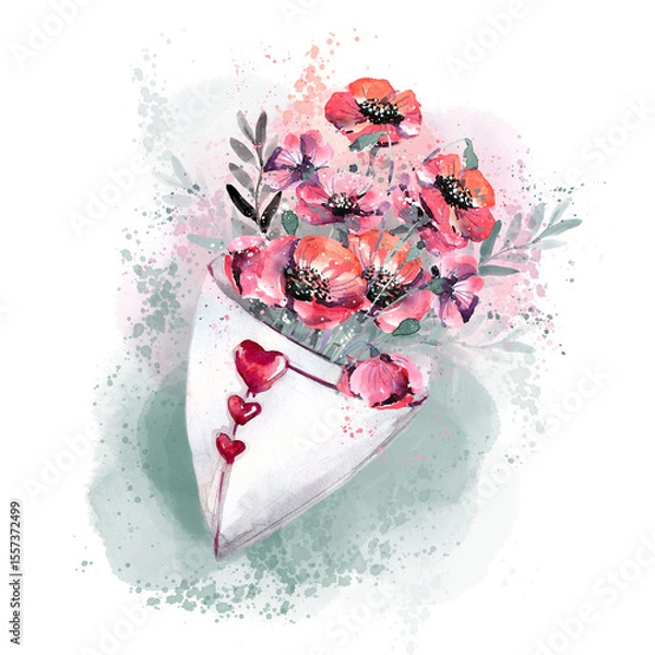Fototapeta A bouquet of poppies, painted in watercolor in an envelope with hearts on a white background. Bouquet of flowers, red poppies in an envelope, hand-drawn illustration