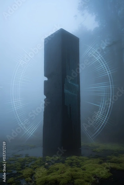 Fototapeta Mystical monolith shrouded in fog, surrounded by forest, emitting a glowing aura. Serene and mysterious atmosphere.