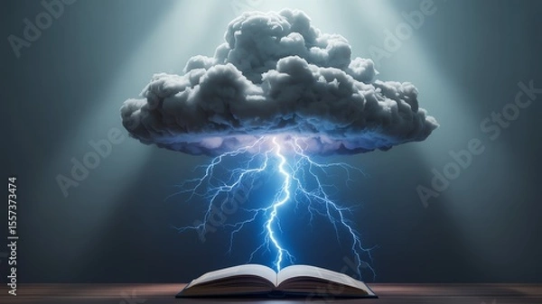 Fototapeta Open book with lightning striking from a cloud, symbolizing knowledge and ideas sparking creativity.