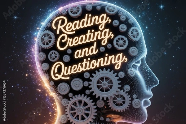 Fototapeta Silhouette of a head filled with gears, symbolizing creativity, reading, and questioning against a starry backdrop.