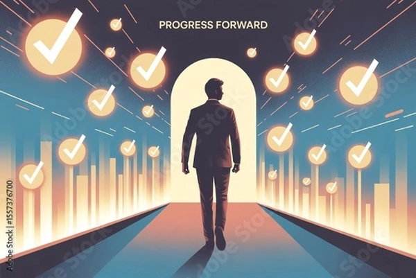 Fototapeta Silhouette of business person walking through a tunnel of progress symbols and success indicators.